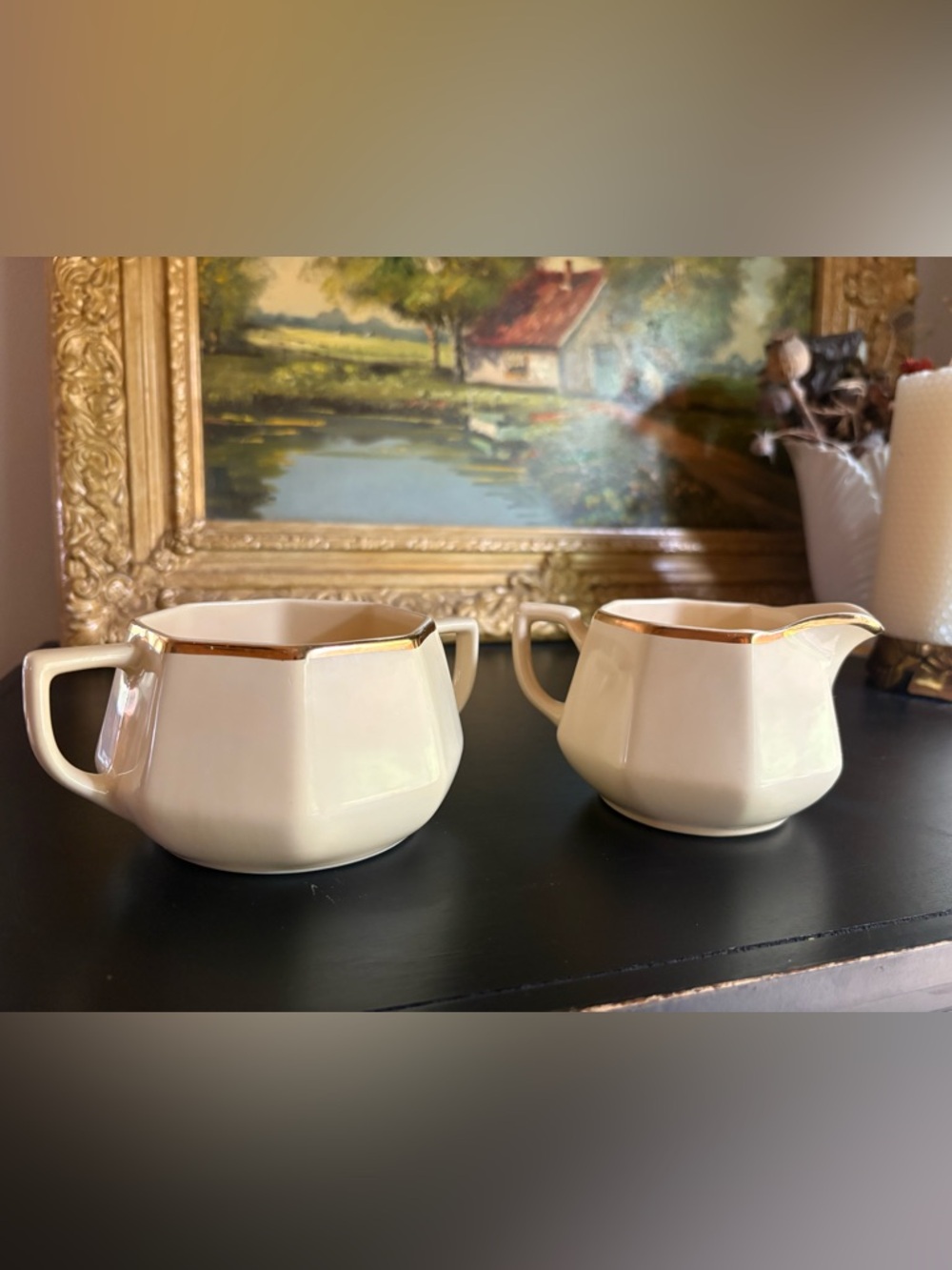 VTG Pale Yellow Gold Accents Homer Laughlin Octagonal Creamer/ Sugar Set NO LID
